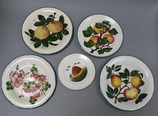Five Wemyss plates; apple (2) Seville Orange, apple blossom and beehive patterns diameter 21cm